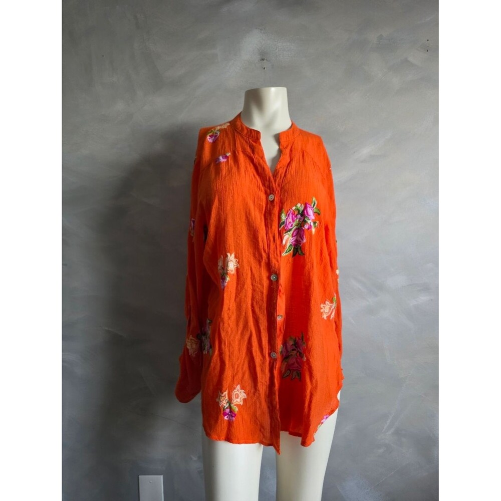 Fig And Flower Anthropologie Long Sleeve Womens Top Orange Embroidered Sz XL